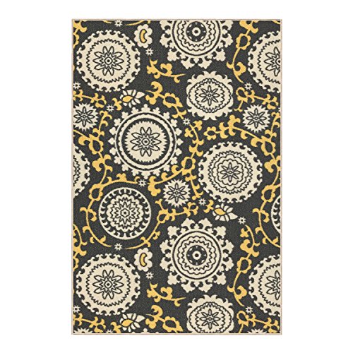 Rubber Backed 3'4" x 5' Floral Medallion Yellow & Grey Area Rug Non-Slip Livingroom Kitchen Bedroom Rug 3X5