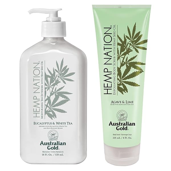 AUSTRALIAN GOLD HEMP NATION EUCALYPTUS & WHITE TEA BUNDLE – TAN EXTENDER BODY LOTION (18 FL OZ) AND EXFOLIATING AGAVE & LIME BODY SCRUB (8 FL OZ), SKIN BARRIER REPAIR, PURE HEMP SEED OIL