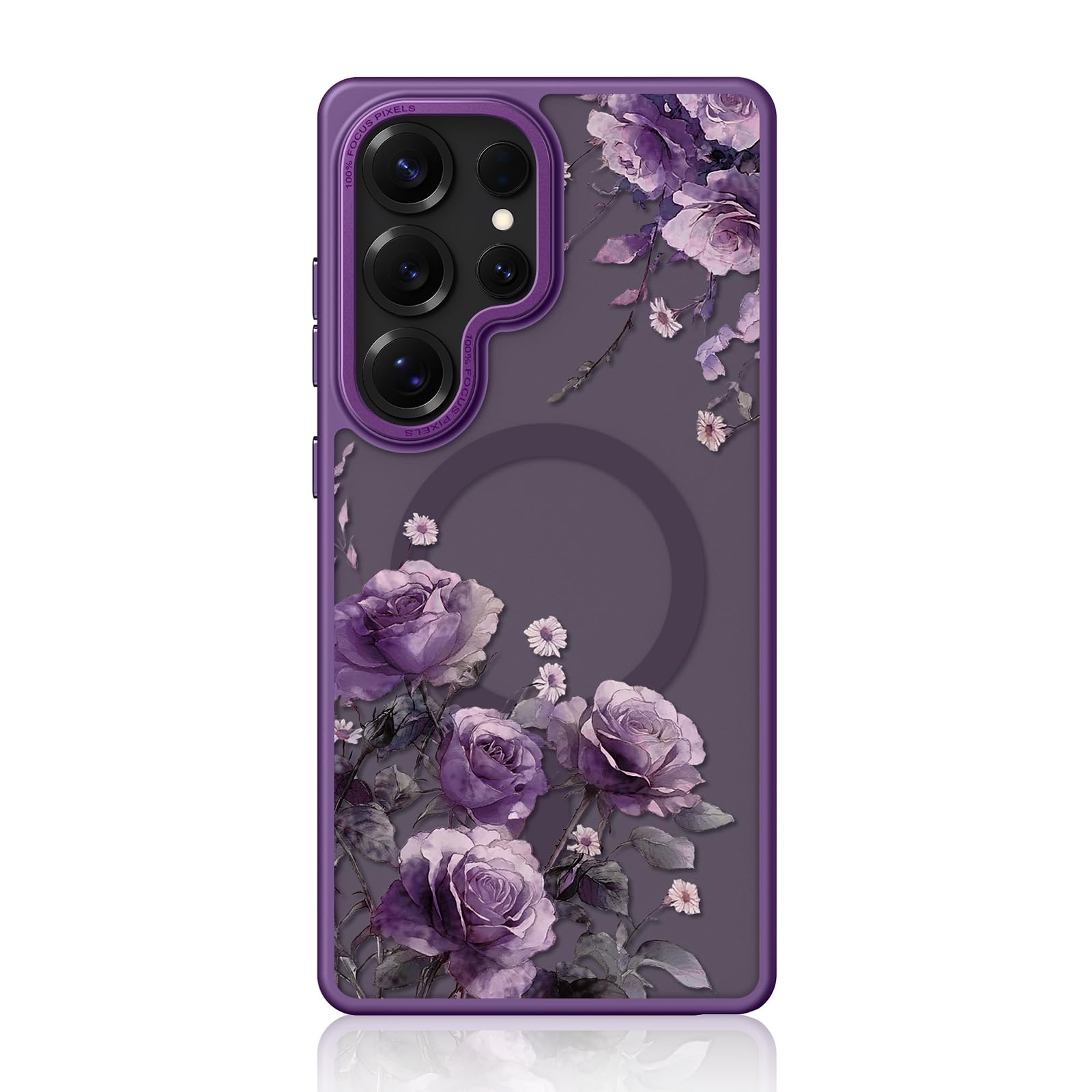 FEWGEY TPU Phone Case for Samsung Galaxy S25 Ultra Compatible with Magsafe, Cute Purple Rose Design Magnetic Shock Proof Heavy-Duty Protection for Women Girls