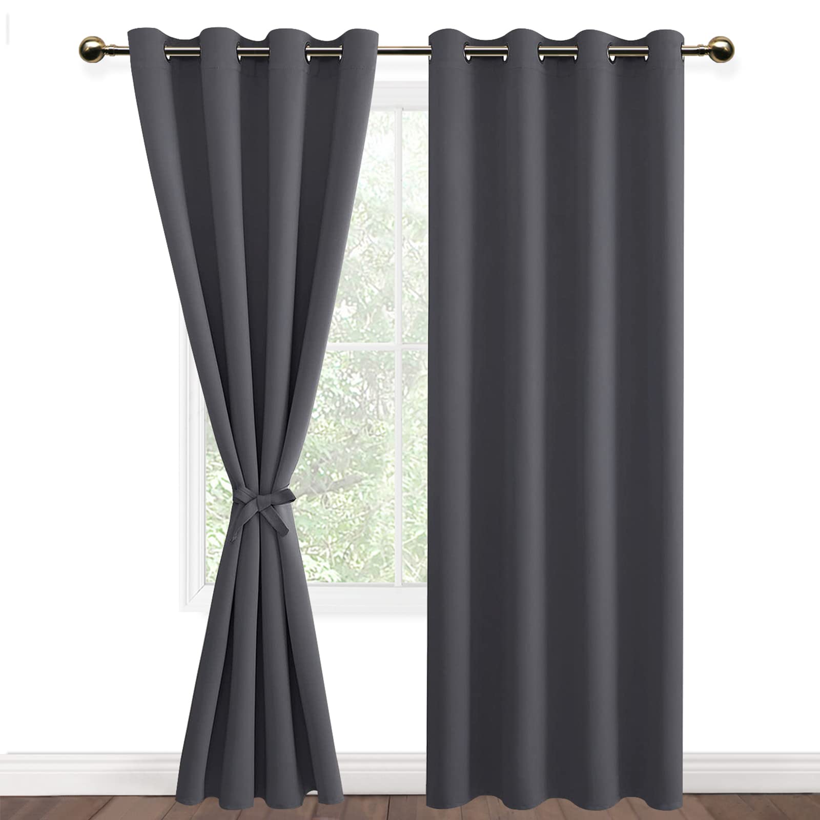 DWCN Dark Grey Blackout Curtains with Tiebacks for Bedroom Thermal Insulated Solid Eyelet Curtains for Living Room,2 Panels,52" Wide x 84" Drop