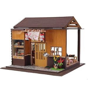 Rylai 3D Puzzles Miniature Dollhouse DIY Kits Japanese Sushi Model Series Doll Houses Accessories with Furniture LED Music Box