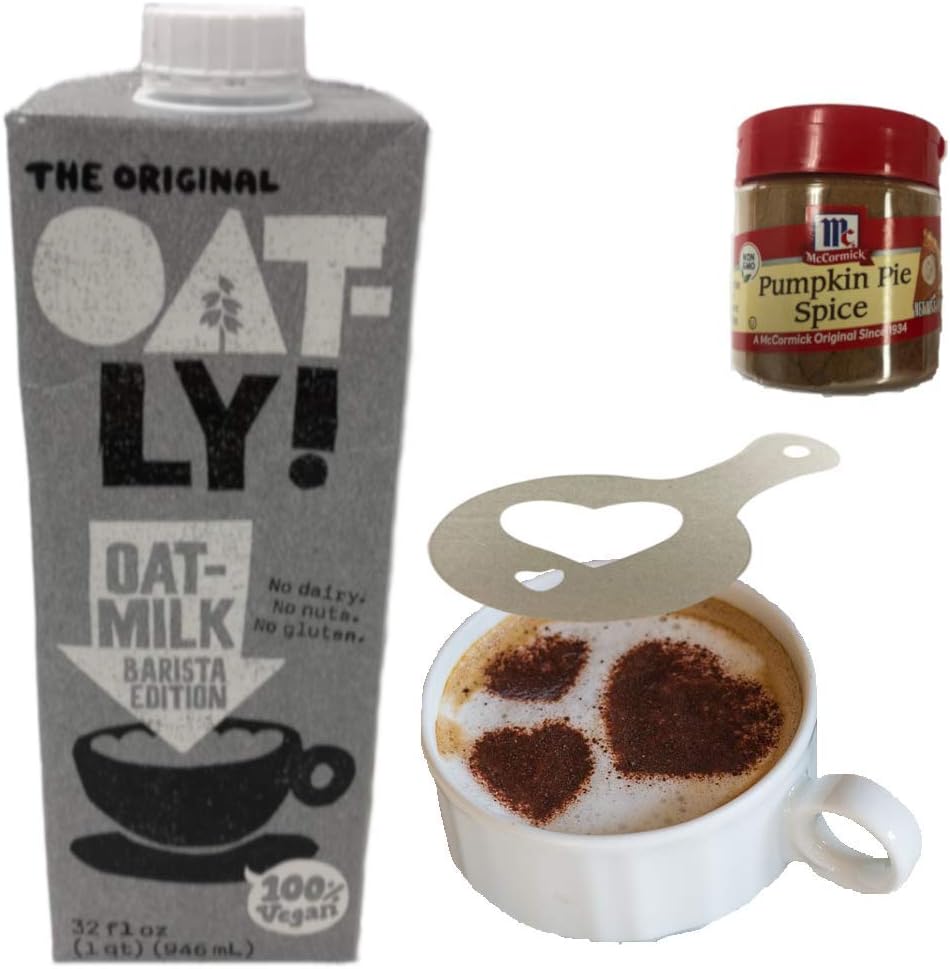 Oatly Oat Milk Barista Edition with Pumpkin Pie Spice with Latte Art Stencils. Non-Dairy Vegan
