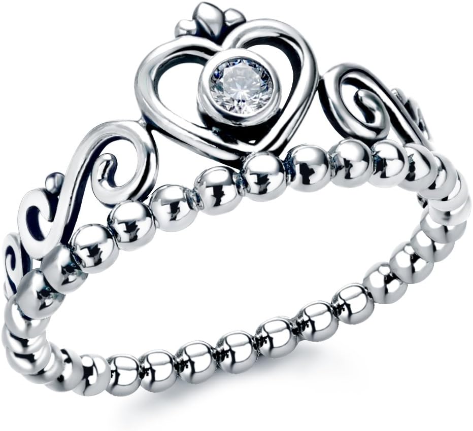 Sterling Silver Stackable Rings With Cubic Zirconia Princess Heart Crown Ring