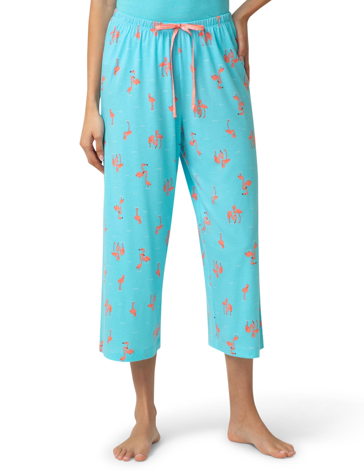 HUE Women’s Summer Vacation Pajama Separates, Soft, Whimsical Print Pjs with Tropical Beach Themes, Flip Flops, Cocktails, Blue Mist Flamingo Bay – Sleep Capri Pants, 1X