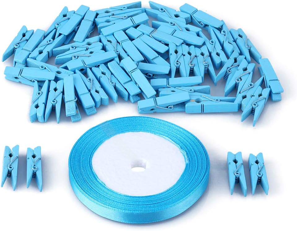 KINGLAKE Mini Blue Clothespins,100 Pcs Baby Showers Clothespins Small Wooden Clothespin with Blue Ribbon for Wedding Party Favors