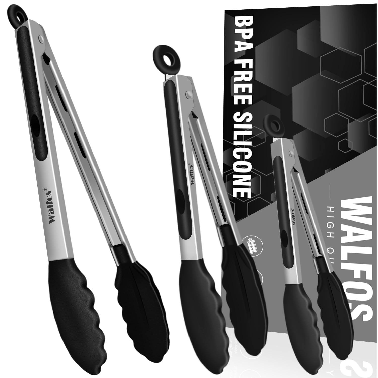 Walfos Kitchen Tongs - Heat Resistant Cooking Tongs Set of 3, Stainless Steel and BPA Free Silicone Tips, Great for Cooking, Grilling, Turning, 7