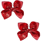AMYDECOR 6 Inch Red Sparkly Glitter Sequin Hair Bows for Girls Toddlers Kids Children Teenage (2PCS)
