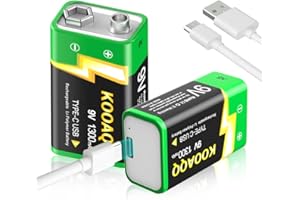 KOOAQQ 9V Rechargeable Batteries, High Capacity 1300mAh (2024 New Version) Rechargeable 9 Volt Square Batteries for Smoke Detector/Alarms,Metal Detector,Multimeter with 2 in 1 USB Charging Cable 2-Pack