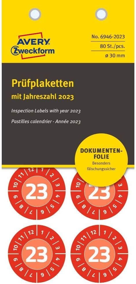 AVERY Zweckform 80 Test Labels with Year 2023 (Tamper-Resistant, Strong Self-Adhesive, Diameter 30 mm, Test Stickers