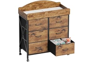 Yetom Baby Changing Table Dresser with Wheels, 6-Fabric Drawer Baby Dresser with Changing Table Top, Waterproof Diaper Changing Station & Pad, Mobile Storage Unit, Baby Furniture, Rustic Brown