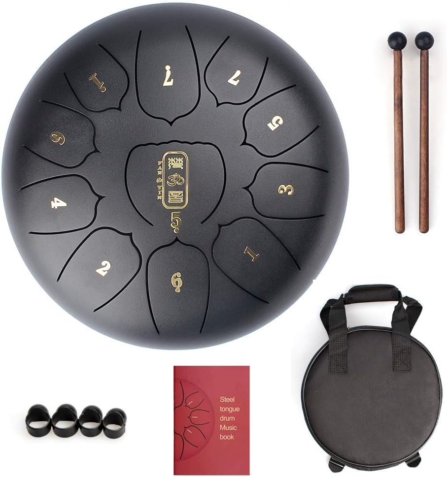 Qstyle 10 Inches Tongue Drum for Kids,11 notes Handpan Drum for Sound Healing,Meditation,Yoga with Travel Bag,Finger Picks,Books,Mallet Steel Tongue Drum for Beginner(Gold)