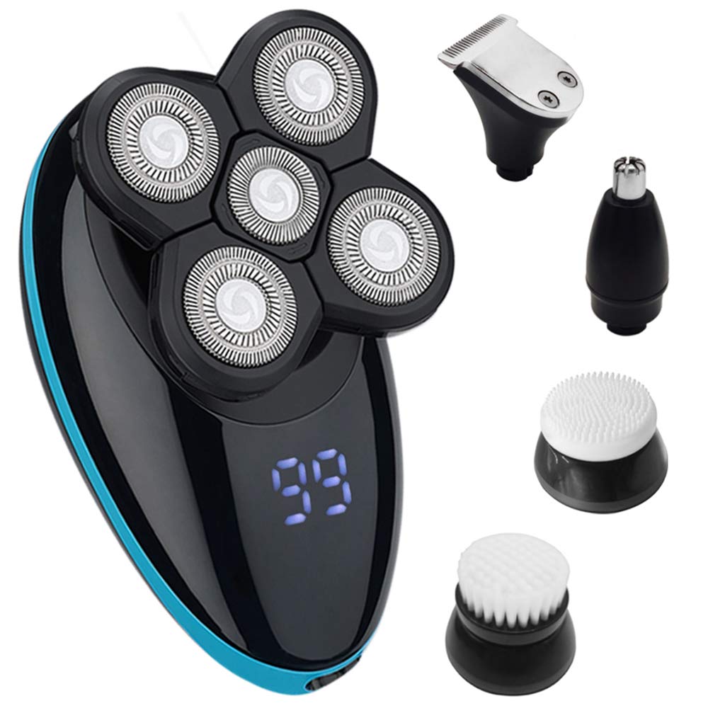 Electric Razor for Men, Smarcent Rechargeable Head Shaver Wet Dry Mens Shaving Grooming Kit 5 in 1 Rotary Shaver with Clippers Beard Nasal Hair Trimmer Facial Cleansing Brushes