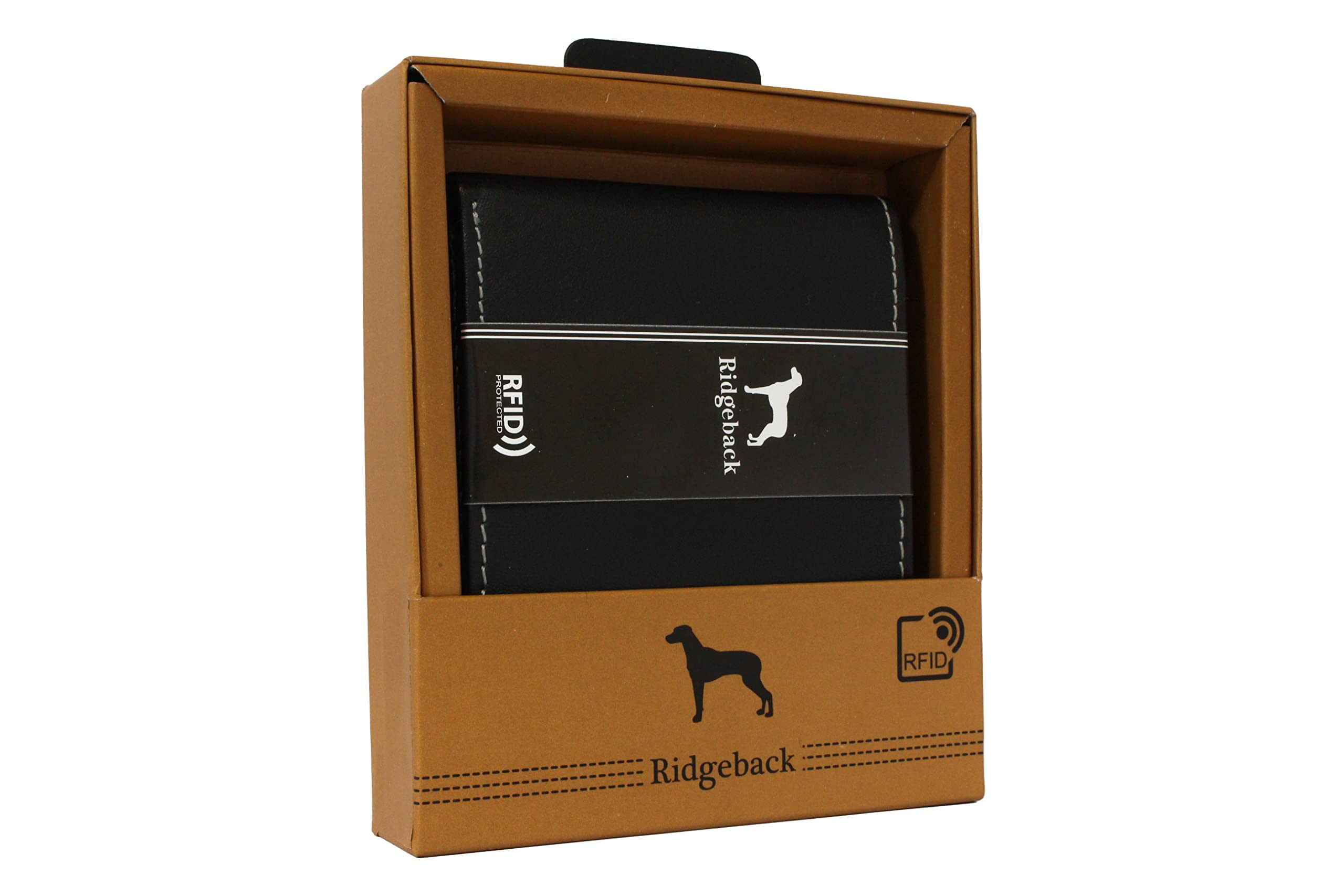 Ridgeback - Mens Black Real Leather Bi-Fold Wallet | RFID Protection 8 Card Money Wallet