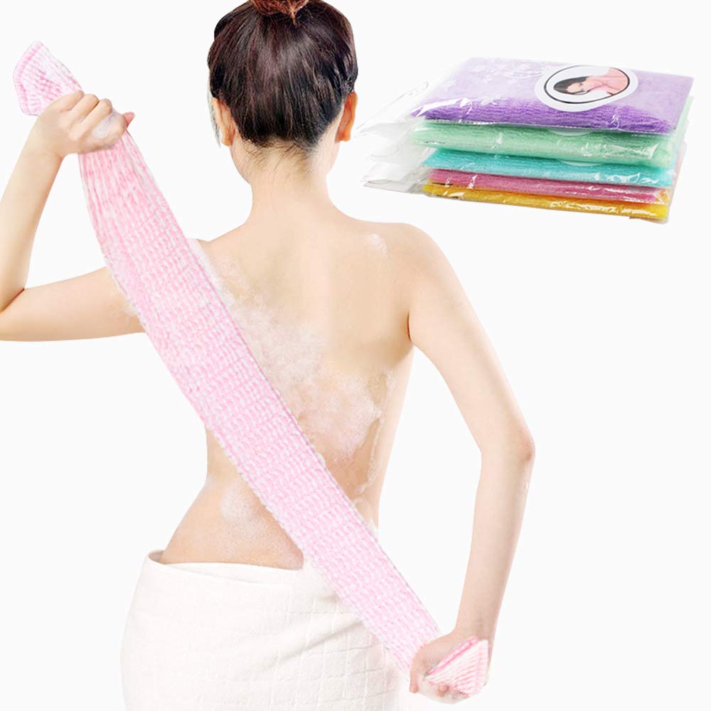 5 Pcs Exfoliating Shower Towel, Japanese Exfoliating Cloth Nylon Scrub Bath Towel, Body Back Scrubber Towels, Extra Long 90cm, for Men Women Dead Skin Remove