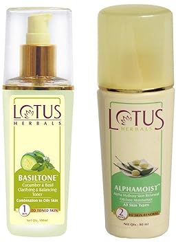 Lotus Herbals Basiltone Cucumber Basil Clarifying And Balancing Toner, 100ml and Lotus Herbals Alphamoist Alpha Hydroxy Skin Renewal Oil Free Moisturiser, 80ml