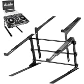 Pyle Portable Dual Laptop Stand - Standing Table with Adjustable Height, Ergonomic Design &amp; Anti-Slip Prongs for DJ Mixer, Sound Equipment, Workstation, Gaming &amp; Home Use - PLPTS38, Black