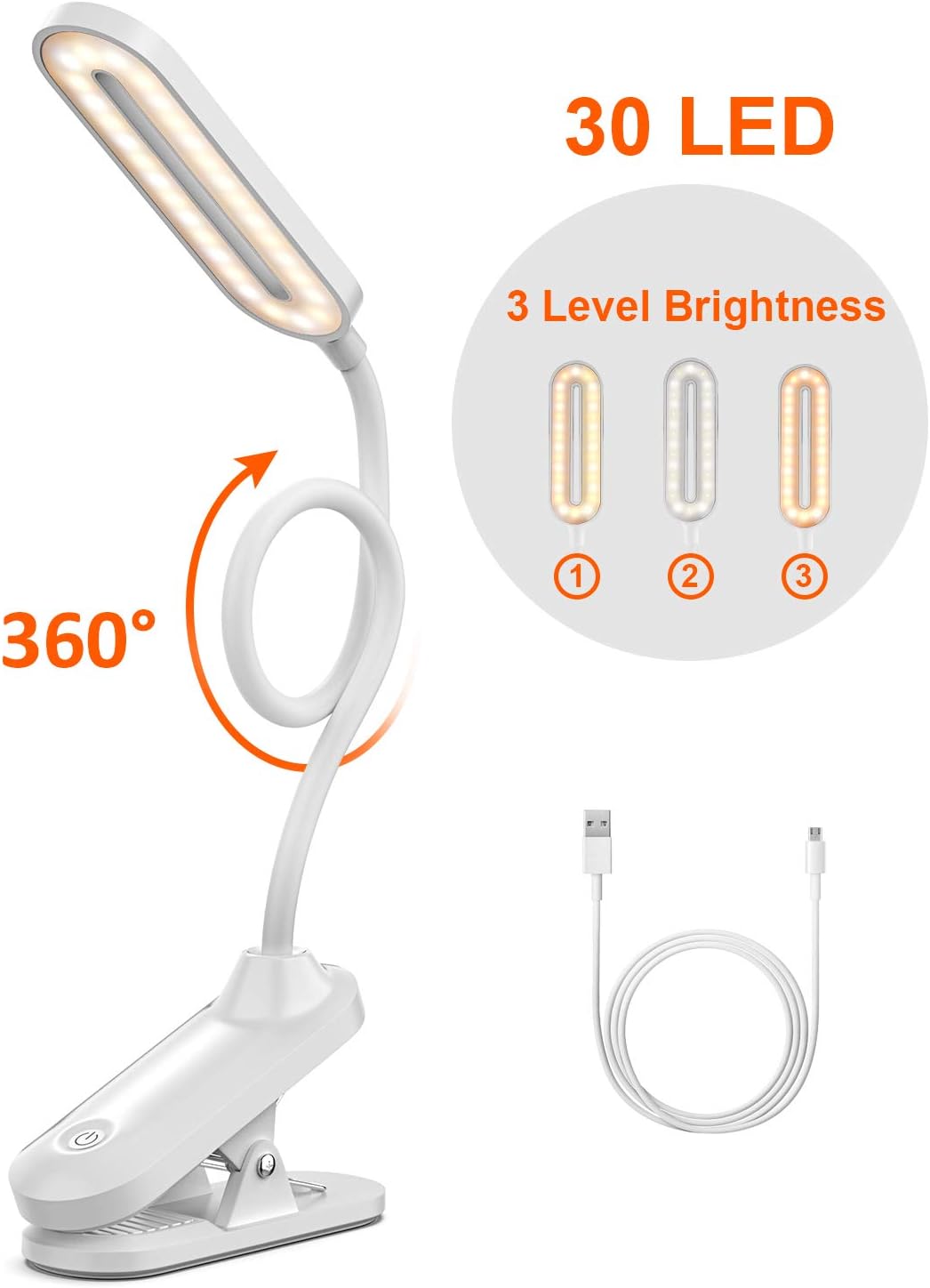 Reading Light, STOON Flexible Clip on Book Light for Reading in Bed, 30 LEDs Eye Care Night Reading Lamp with 3 Brightness (Cool and Warm), Touch Switch, USB Rechargeable Desk Lamp for Bed, Desk