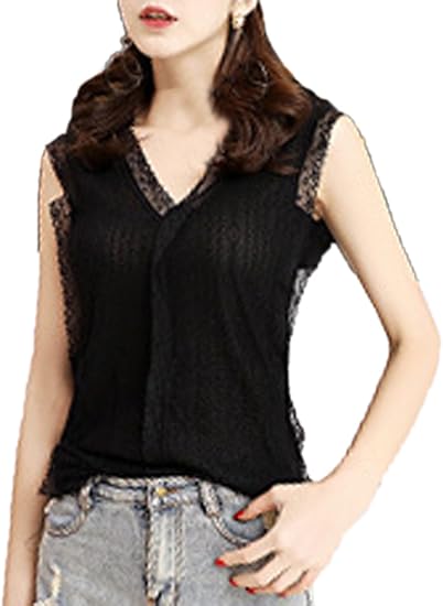 Amazon エンジェルムーン レース トップス ノースリーブ タンクトップ Vネック きれいめ カジュアル 透け感 ガーリー 夏 リゾート シャツ ブラウス 通販