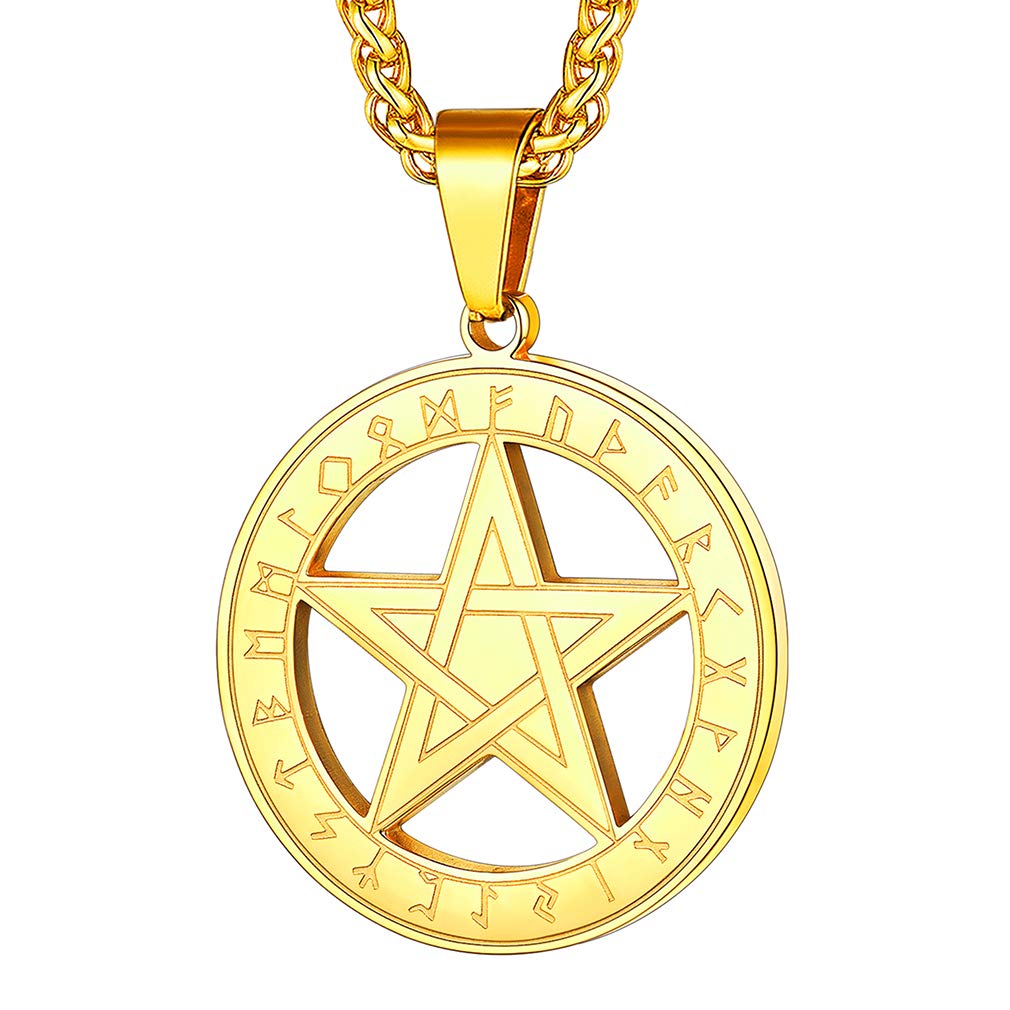 FaithHeart Wicca Pentacle Pendant Viking Jewellery for Women Gold Plated Norse Runes Necklace Stainless Steel Pentagram Jewelry Mythical Accessories Pagan Gifts for Anniversary