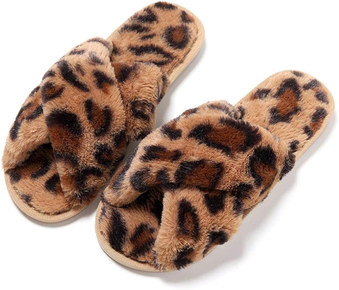 leopard fur slide sandals