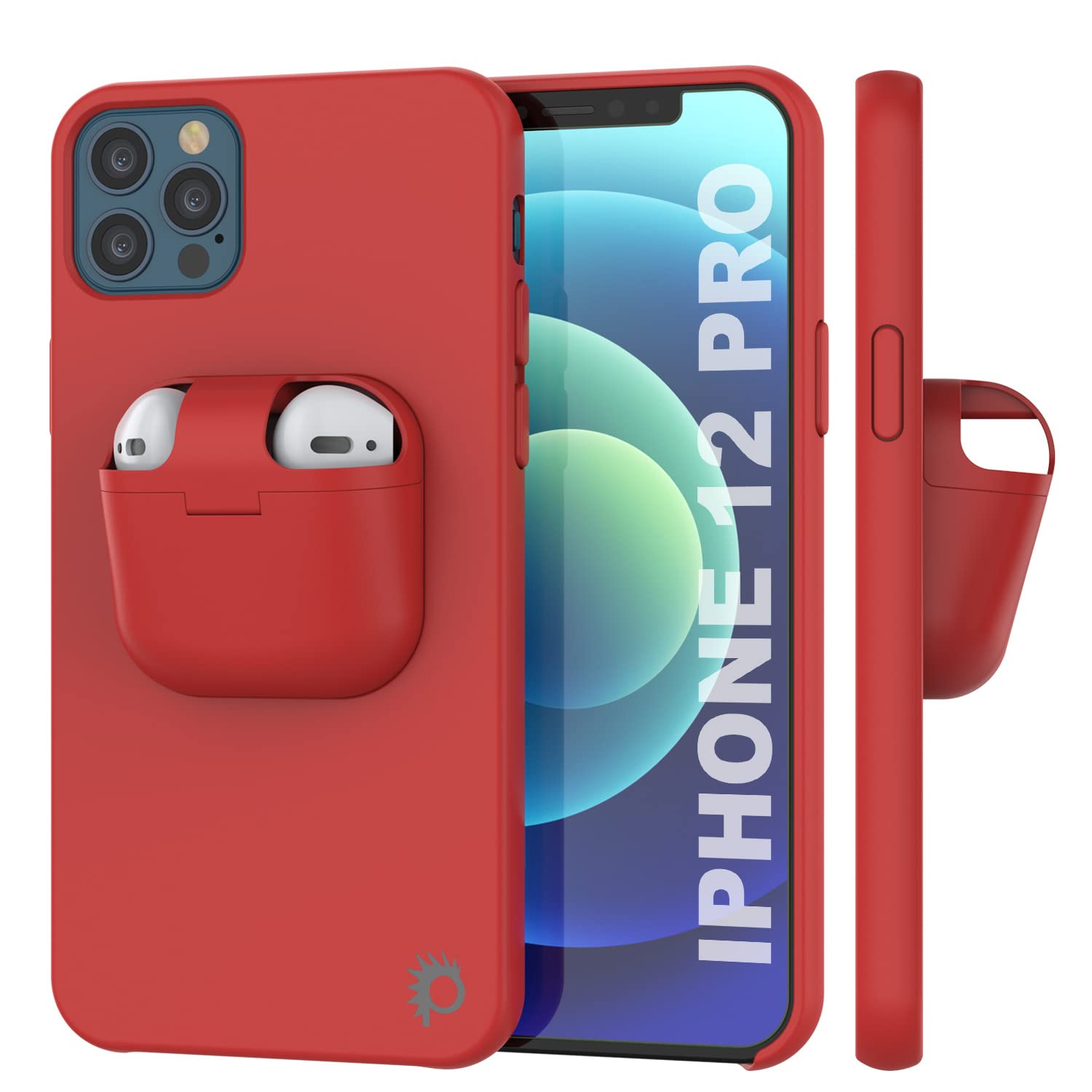 PunkCase for iPhone 12 Pro Airpods Case Holder (CenterPods Series) | Slim & Durable 2 in 1 Cover Designed for iPhone 12 Pro (6.1") | Protects Your Phone & Stores Your AirPods Gen. 1 & 2 [Red]