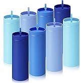 Baderke 8 Pack 16 oz Skinny Tumblers with Lid and Straw Matte Multicolor Reusable Double Wall Plastic Cup Coffee Travel Drinking Mug for Valentine Day Girl Women Home Birthday Gift (Blue)