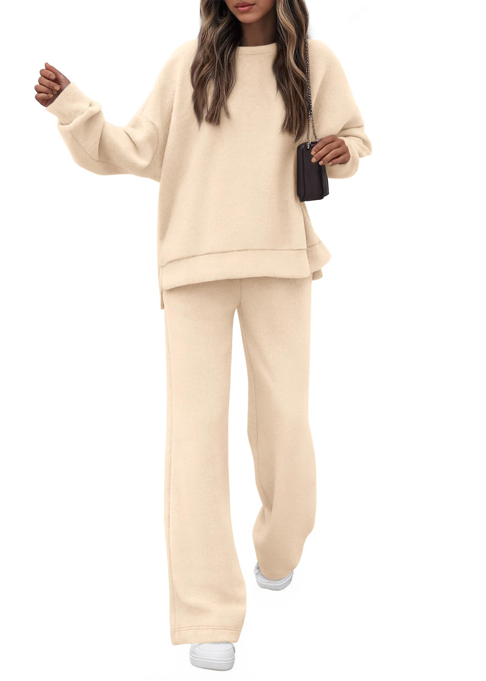 KIRUNDO Fall Sweatsuits Women 2 Piece Outfit Lounge Sets 2026 Matching Airport Oversized Sweatshirt Sweatpants Tracksuit(Beige, Small)
