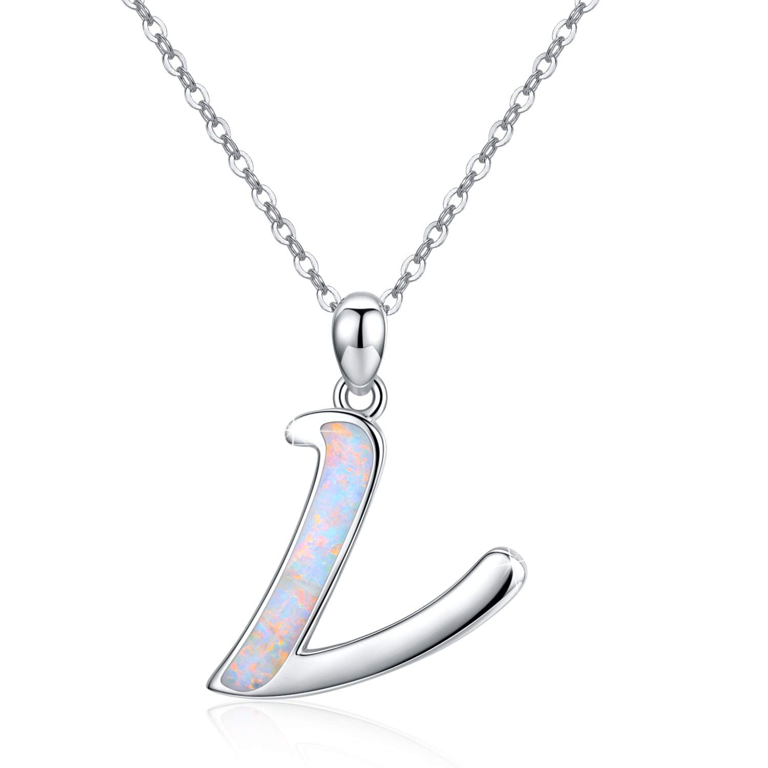 Cuoka Initial Necklace, 925 Sterling Silver Monogram Letter Pendant with Created Opal, A-Z Alphabet Necklace Jewelry Gifts — image 1
