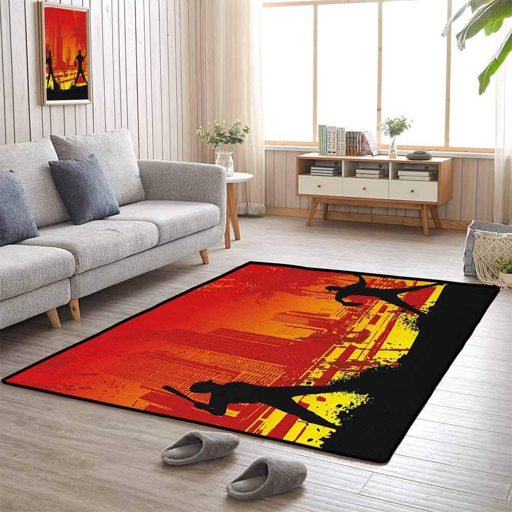 Decor Bedroom Rugs, Anti-Skid Large Area Rugs Super Soft Indoor Modern for Room Home Bedroom, Teen Room | Men Playing Baseball in The Town City Park Tall Buildings Urban Scenery - 5'x7'