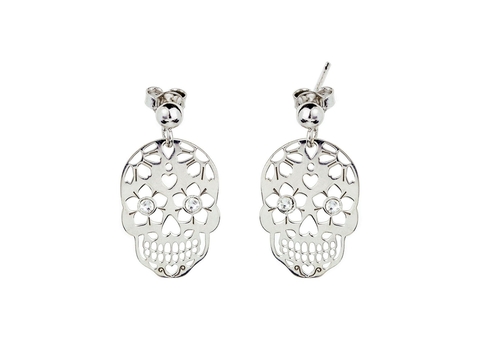 Aka Gioielli® - 925 Sterling Silver Rhodium Skull Drop Earrings Swarovski Crystal, Gift for Women and Girls