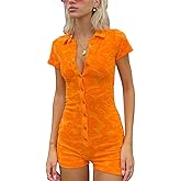 Fernvia Women Short Sleeve Jumpsuit Sexy V-Neck Knitted Buttons Open Bodycon Bodysuit Overall Romper Summer Streetwear