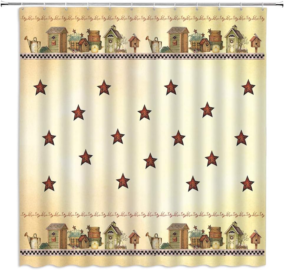 BOYIAN Rustic Country Star Shower Curtain Outhouse Primitive Farmhouse Old Cabin Watering Can Plant Vintage Farm Olive Fabric Bath Curtains Bathroom Polyester with Plastic Hooks 70x70Inch