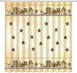 BOYIAN Rustic Country Star Shower Curtain Outhouse Primitive Farmhouse Old Cabin Watering Can Plant Vintage Farm Olive Fabric Bath Curtains Bathroom Polyester with Plastic Hooks 70x70Inch