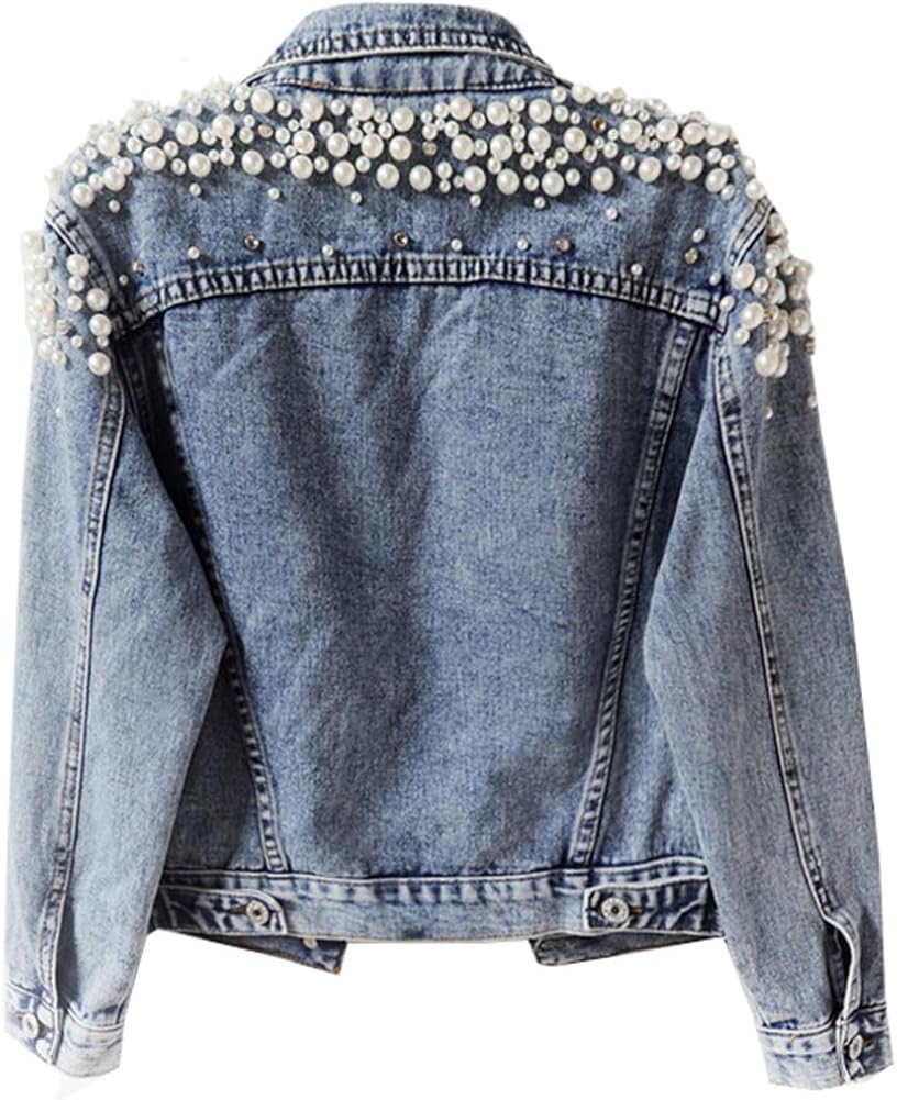 denim jacket with pearls and rhinestones