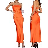 Women's Sexy Satin Tube Maxi Dress Elegant Silk Strapless Open Back Party Cocktail Wedding Guest Formal Long Dresses