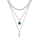 MJartoria Gold Layered Necklaces for Women Trendy Retro Emerald Pendant and Snake Pendant Necklace Dainty Chunky Chain Choker Necklaces Jewelry Birthday Gifts