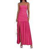 Wenrine Womens Summer Tube Top Dress Strapless Mesh Sexy Ruched Patchwork High Slit Long Cocktail Party Maxi Dresses