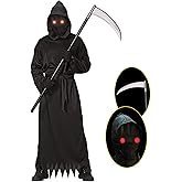 Lomesion Grim Reaper Halloween Costume with Glowing Red Eyes for Kids, Scythe Included