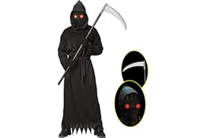 Lomesion Grim Reaper Halloween Costume with Glowing Red Eyes for Kids, Scythe Included
