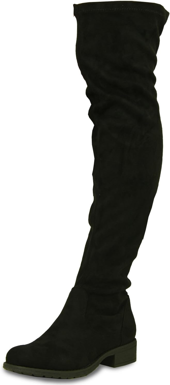 Cucu Fashion Womens Over The Knee Boots Ladies Low Block Heel Zip Black Suede Shoes Size UK 3