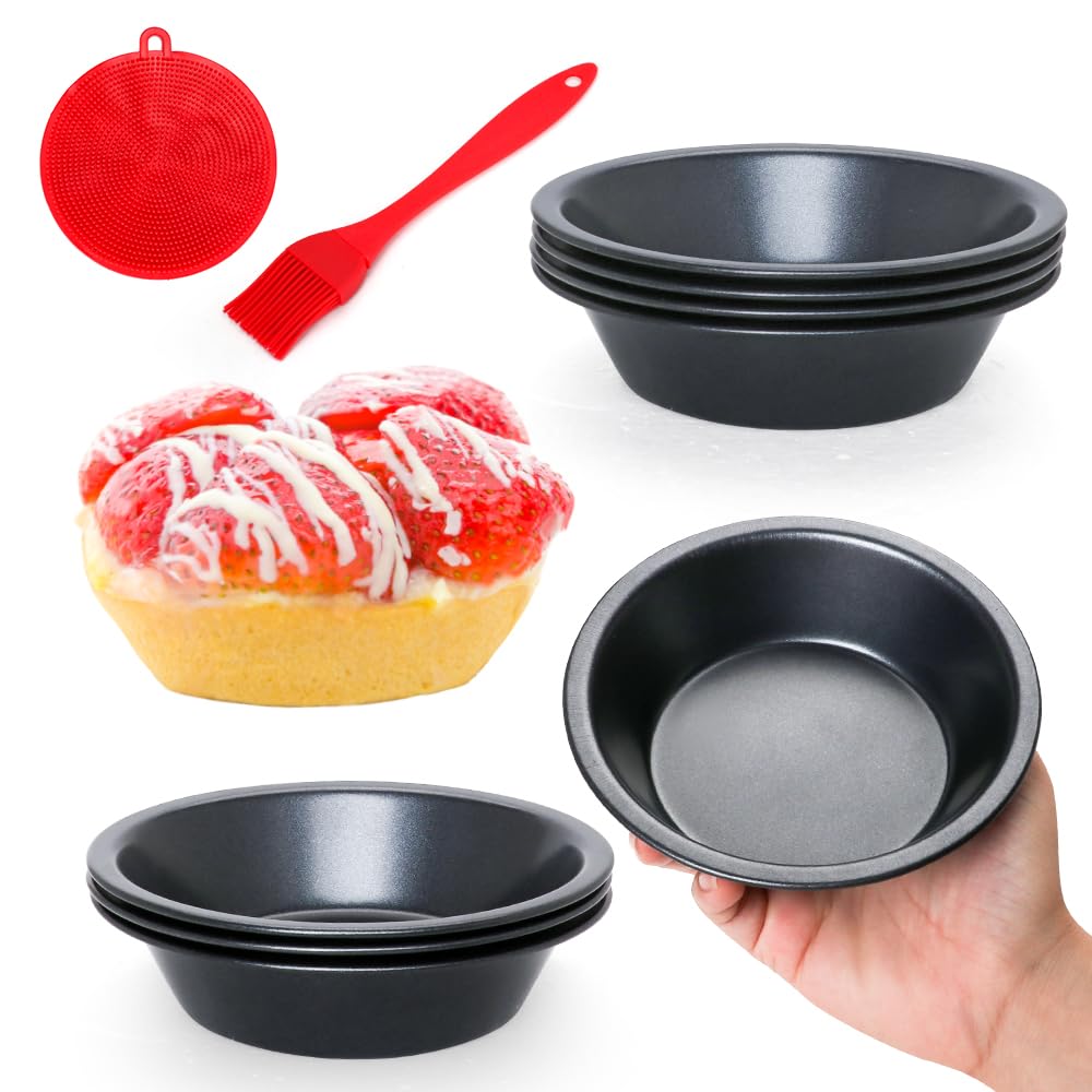 Quyimy 8 Pack Individual Pie Dishes Tart Tins, 12 cm Round Pie Tins Quiche Tin Non Stick Carbon Steel Baking Quiche Dish Pie Dishes for Oven with Oil Brush&Silicone Scrubber