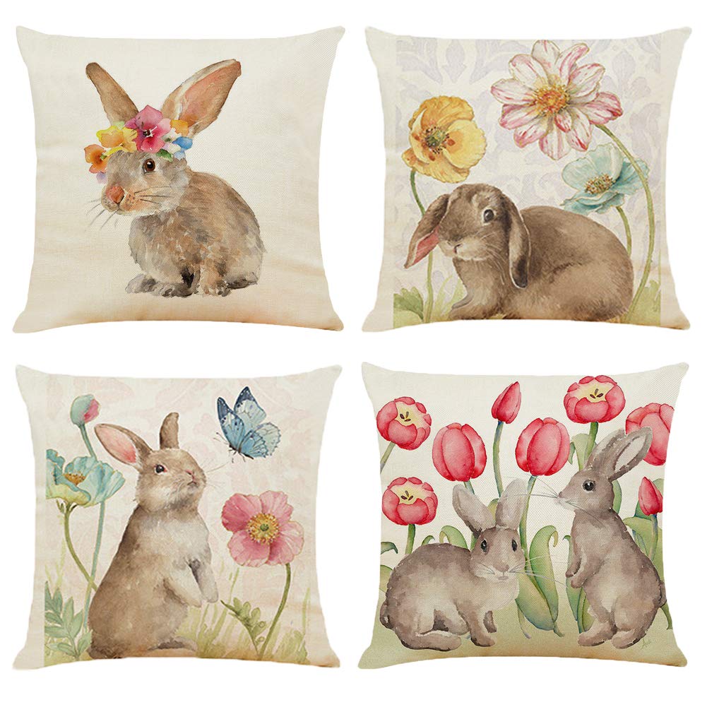 BCKAKQA Easter Pillow Case 18x18 inch Linen Cushion Covers 45cm x 45cm Set of 4 Square Throw Pillow Covers for Living Room Sofa Couch Decor (Flower and Rabbit) — image 1