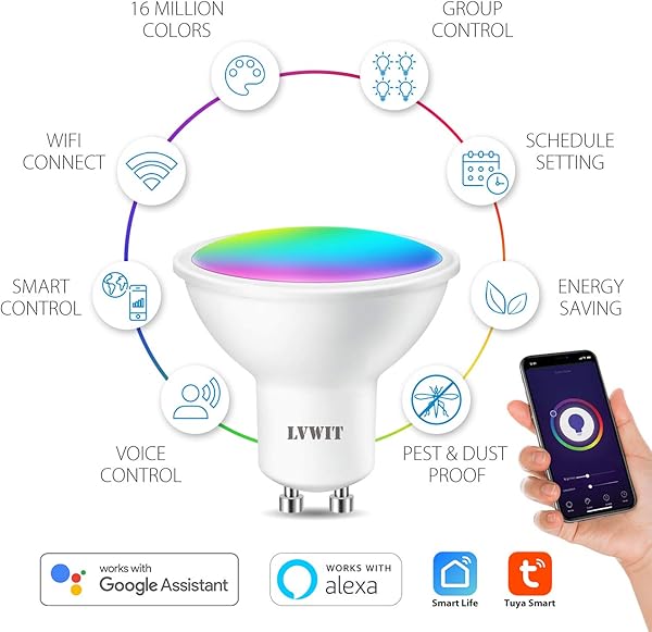 LVWIT Bombillas LED GU10 Inteligente Bluetooth WiFi Regulable 5W 350 Lm Lmpara Multicolor Bombilla Compatible con Alexa Google Home Assistant y App Smart LifeTuya Equivalente a 32W RGB 4 Pcs