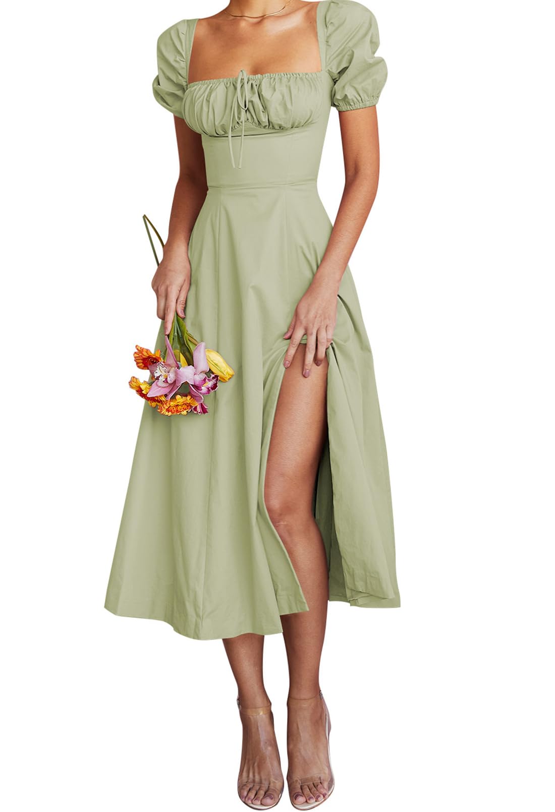 Photo 1 of (MEDIUM-LARGE) Linsery Midi Puff Sleeve Dress for Women Off The Shoulder Floral Midi Dresses Solid Green Medium