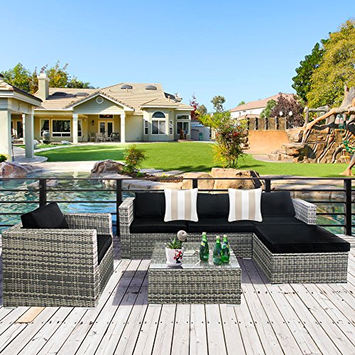 Cloud Mountain 6 Piece Rattan Wicker Outdoor Furniture Set Couch Patio Sectional Set PE Garden C ...