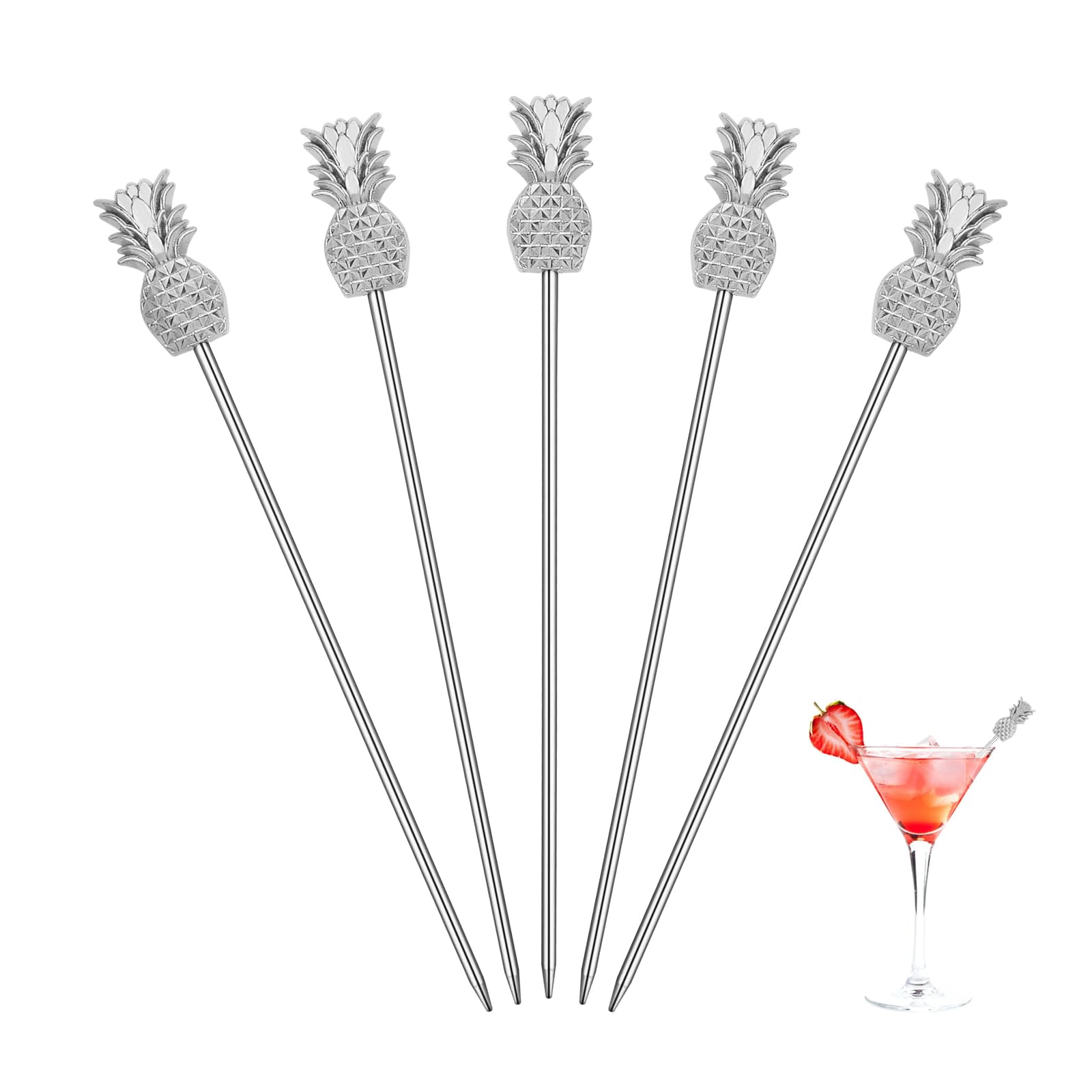 JJWNMLL Cocktail Sticks 5pcs Pineapple - Metal Cocktail Sticks Cocktail Accessories for Drinks Cocktail stirrers & Swizzle Sticks for Holiday Party Events-Silver