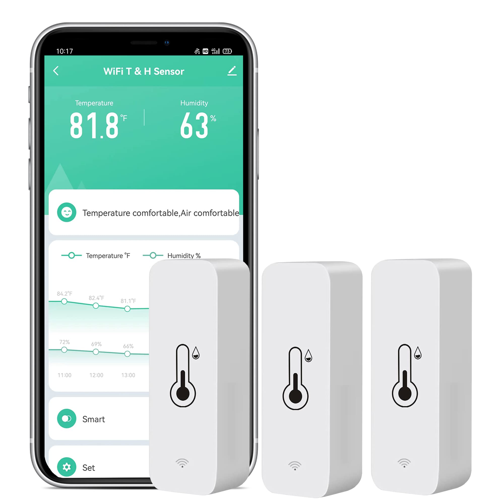 3-Pack WiFi Temperature Humidity Sensor: Wireless Temperature Humidity Monitor with App Alert, Free Data Storage Export, Smart Indoor Thermometer Hygrometer Compatible with Alexa Google Assistant