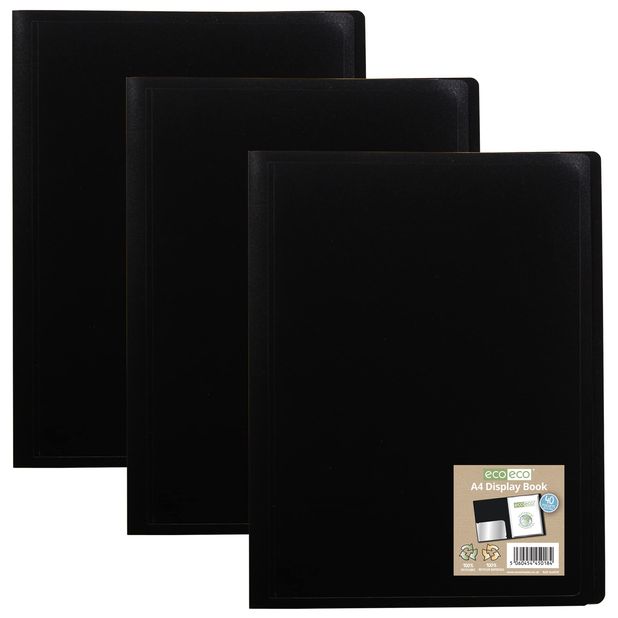 eco-eco A4 100% Recycled 40 Pocket Black Flexible Cover Portfolio Book Folder Display Book (Pack of 3), eco018x3