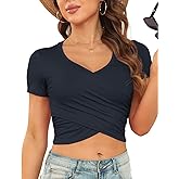 Women's Short Sleeve Crop Top Deep V Neck Stretchy Slim Fits Cross Wrap Tops Tee