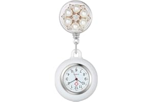 LANCARDO Women's Lapel Watch for Nurses Doctors Paramedic Clip-on Hanging Nurse Watches Fashion Pearls White Silicone Cover Badge Stethoscope Retractable Fob Watch